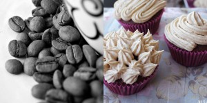 to bildet: et nærbilde av kaffebønner og et bilde av mocca cupcakes