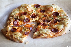 porsjonspizza med chorizo og søtpotet